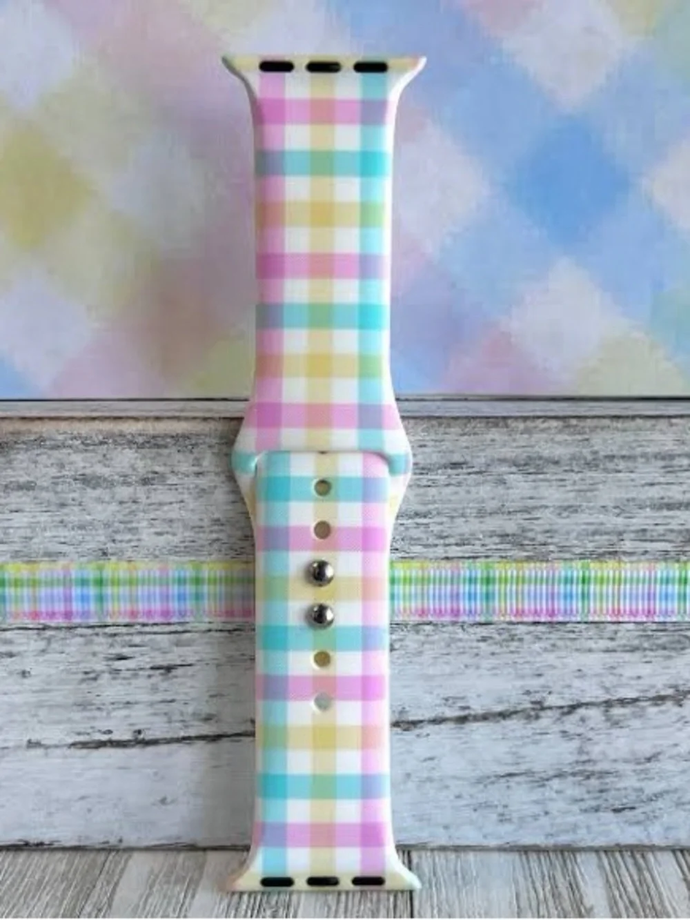 Fancy Bands Pastel Plaid Silicone Watch Band with Bunny Accent Charm